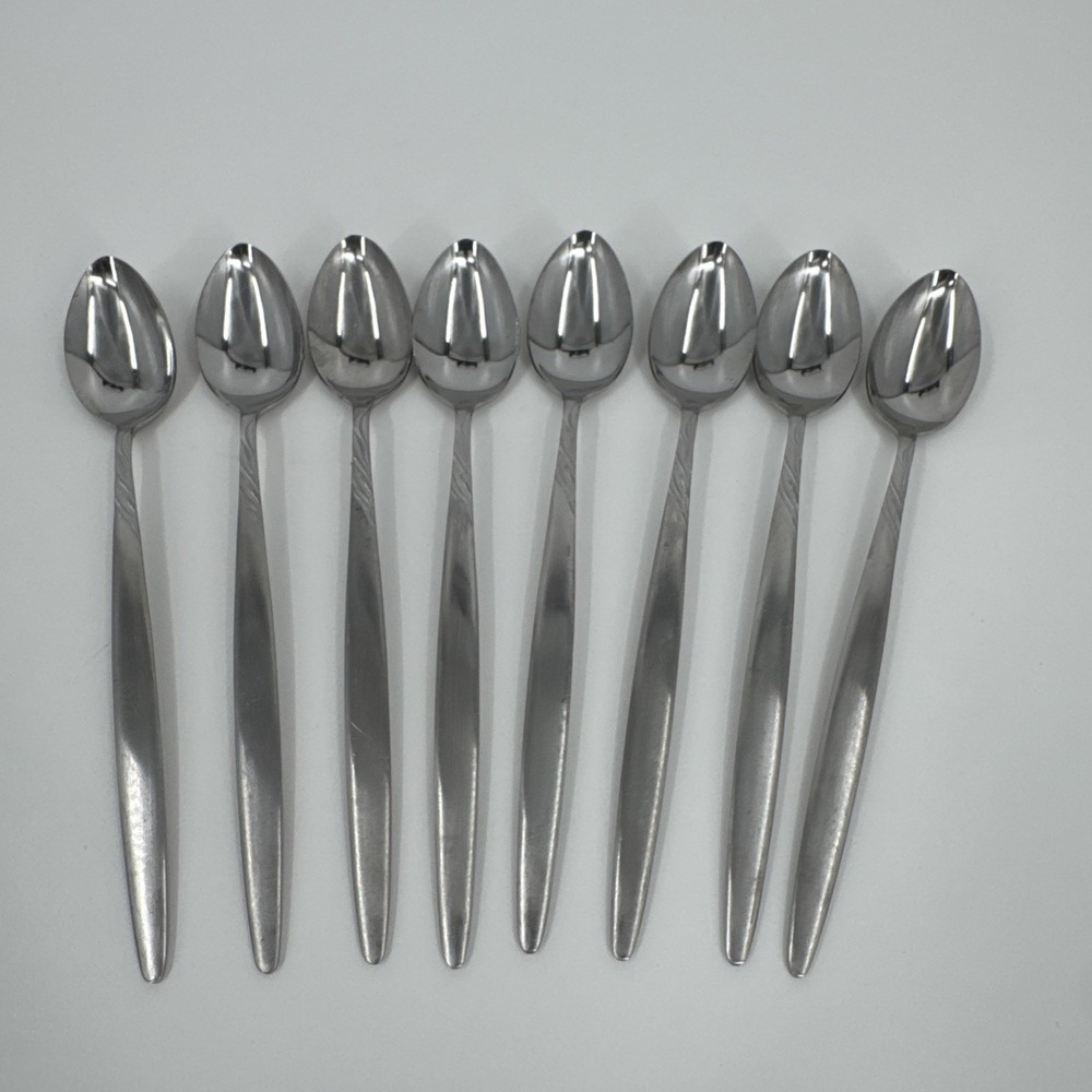 Vintage Stainless‎ Steel Japan Leaf Pattern Iced Teaspoon. 7 1/2" Long Set Of 8